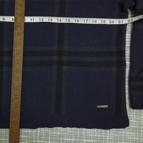 Unique Anne Klein Plaid Sweater Crewneck Women’s L Navy Green Short Boxy Fit - Picture 2 of 7